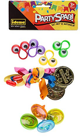 Idena 40439 - Partyspaß Set mit 12 Artikel, 4 Kreisel, 4 Gold Medaillen und 4 Fingerringe Wackelaugen, in trendigen Farben
