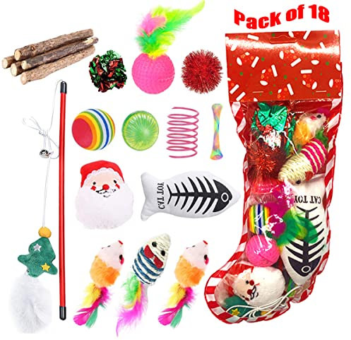 QIMMU 18pcs Katzenspielzeug Weihnachten,Spielzeug Katze,Katzenspielzeug Set,Katzenspielzeug Maus,Spielzeug Interaktive Katze,Adventskalender Katzen,Katzen Zubehör Spielzeug Variety Pack für Kitty