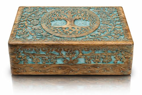 Great Birthday Gifts Handmade Decorative Wooden Jewelry Keepsake Box Tree Of Life Carving Jewelry Organizer Treasure Chest Trinket Holder Watch Storage Lock Box Housewarming Gift (Blue)