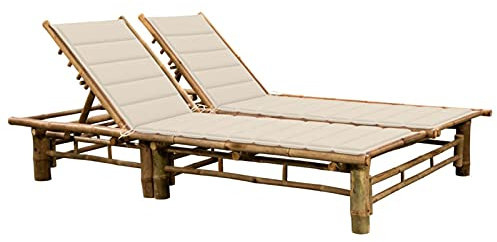 Tidyard 2-Personen-Sonnenliege mit Cremeweiß Karomuster Auflagen 3 Liegepositionen Gartenliege Freizeitliege Strandliege Doppelliege Liegestuhl Relaxliege Terrassenliege Balkonliege Gartenmöbel Bambus
