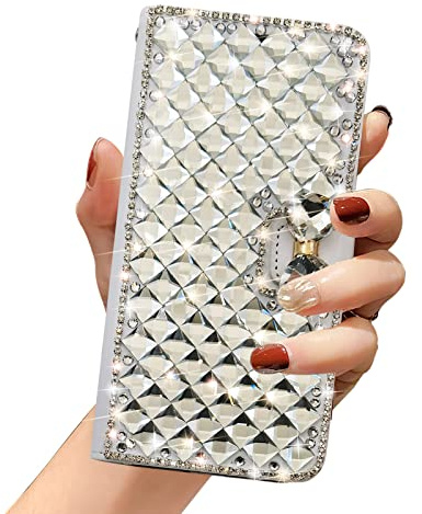 Omio for iPhone 13 Wallet Case Luxury Glitter Bling Diamond Card Holder with Stand Sparkle Crystal Bow Shockproof Non-Slip Fashion Flip Cover for Women Girls White