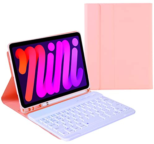 Étui avec clavier pour iPad mini 7 A17 Pro, iPad mini 7e/6e génération (2024/2021), clavier magnétique amovible sans fil, support à rabat avec support de stylet pour iPad mini 6/7 (rose)
