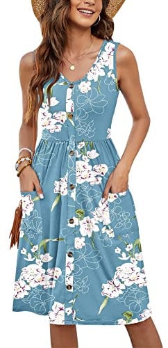 MOLERANI Summer Dress for Women UK Sleeveless Ladies Casual V Neck Beach Swing Button Midi Sundress With Pockets Floral Light Blue 12-14 M