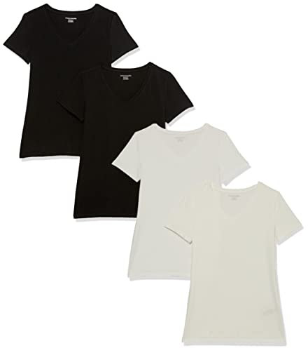 Amazon Essentials Women's Regular-Fit Short-Sleeve V-Neck T-Shirt, Pack of 4, Black/White, M