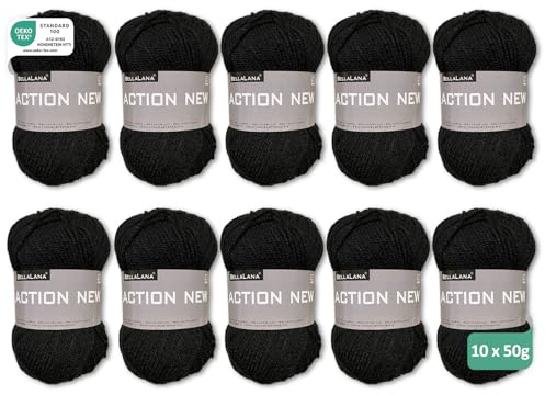 BellaLana Wolle Action New, Allzweckgarn, Stricken, 10x50gr, Schwarz | 100% Polyacryl-Garn, weich, angenehm & pflegeleicht - Lauflänge ca. 133m - Nadelstärke 3-4 - für Pullover, Schals, Decken