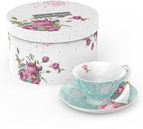 London Boutique Tazza piattino 1 Set da tè pomeridiano New Bone China Vintage Flora Confezione Regalo 200 m (Turchese), Porcellana, 7 cm