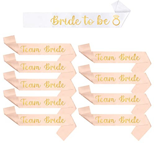 YSUVIN Deko Schärpe Set, 10 Stück Junggesellenabschied schärpe mit Bride to Be und Team Bride Schärpe, JGA Accessoires Frauen für Hochzeit, Bachelorette, Brautparty, Brautaccessoires(Weiß & Roségold)