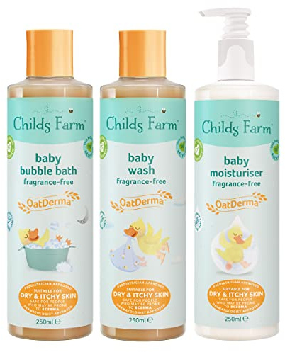 Childs Farm | Baby OatDerma Regime Bundle | OatDerma Baby Moisturiser, Wash & Bedtime Bubbles 250ml | Suitable for Newborns with Dry, Itchy & Eczema-Prone Skin, Clear