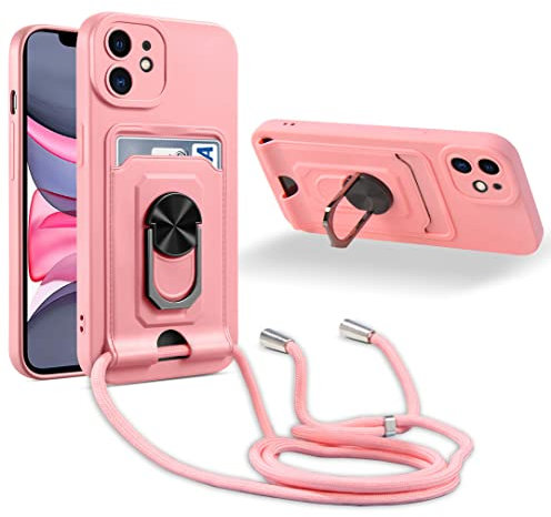 JMstore Coque Cordon de Collier Compatible avec iPhone 11, 360°Anneau Support avec Fente Carte Protection de la caméra Silicone Case-Pink
