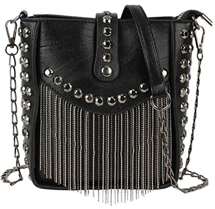 MEGAUK Mini Niet Handtasche Kette Fransen Umhängetasche Cross Body Taschen Elegante Kettentasche Punk Clutch Bag Abendtasche mit Kette Riemen Metall Schultergurt