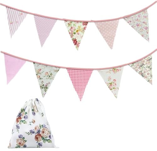 6.9 m Stoff-Wimpelkette, Banner, 24 Stück, Vintage-Wimpelkette, Wimpelflaggen, wiederverwendbare Baumwolle, Dreieck, Flagge, Girlande für Hochzeit, Geburtstag, Party, Gartendekoration, Rosa