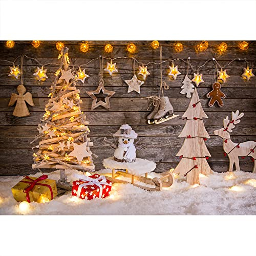 Aoihrraan 3x2m Natale Legno Muro Fotografia Sfondo Brillante Natale albero regalo pupazzo di neve Glitter stelle alci Snowland Sfondo Inverno Vacanze Capodanno Famiglia Festa Ritratto Foto Prop
