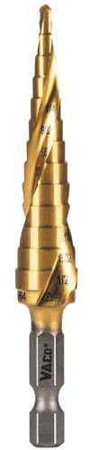 Klein Tools 25964 Stufenbohrer, 1/8 bis 1/2 Zoll, spiralförmig, doppelt geriffelt, schneidet dünnes Metall, Kunststoff, Aluminium, Holz, 1/4 Zoll Sechskantschaft, VACO