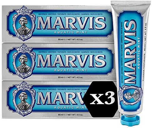 Marvis Zahnpasta Aquatic Mint, 3 × 85 ml, einzigartig aromatische Zahncreme fördert gesundes Zahnfleisch und lang anhaltende Frische, Zahnpasta mit Geschmack nach Wasserminze