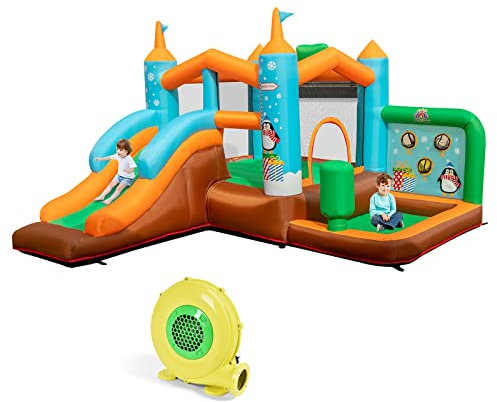 GOPLUS Aufblasbare Hüpfburg, Hüpfschloss Garten Outdoormit Rutsche, Sprungplatz, Boxstangen, Pool, Oxford-Stoff, Schutznetze, Erdspieße, Tragetasche, für Kinder ab 3 Jahren (Pinguin, Mit Gebläse)