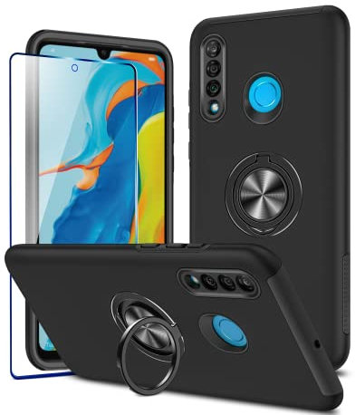 KRAFTCARE Hülle für Huawei P30 Lite mit 1 Pack Panzerglas Schutzfolie, Handyhülle mit Eingebetteter 360° Grad Ring, Magnetische Schutzhülle Stoßfest Cover Case für Huawei P30 Lite,Schwarz