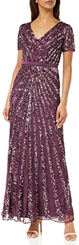 Maya Deluxe Women's Maxi Ladies Embellished Sequin Dress Long Short Sleeve V Neck High Empire Waist A Cut Shiny Prom Wedding Bridesmaid, Berry, 10