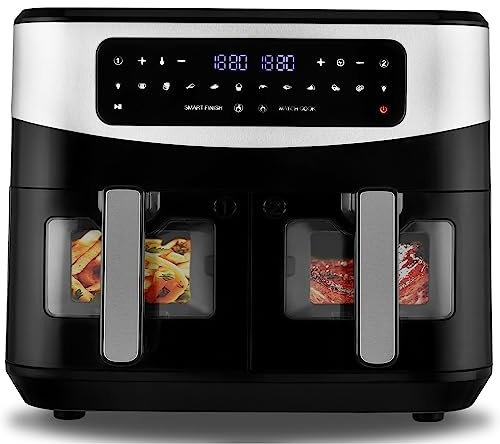 Venga! Freidora de Aire Doble, 2x 4.5 L Capacidad, 9 Modos de Cocción Preestablecidos, Funciones Match Cook & Smart Finish, 2600 W, Negro/Plateado, VG AFT 3008