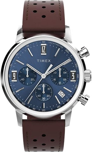 Timex Marlin Chronograph Herren-Armbanduhr, 40 mm, braunes zweiteiliges Lederarmband mit Schnellverschluss, blaues Zifferblatt, Edelstahlgehäuse TW2W10200