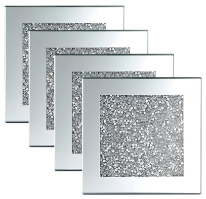 BML 4 x Silber Kristall Crushed und Spiegel Untersetzer Glitzer Diamant Juwel für Küche, Restaurant & Esstisch Bar Dekor 10 x 10 cm