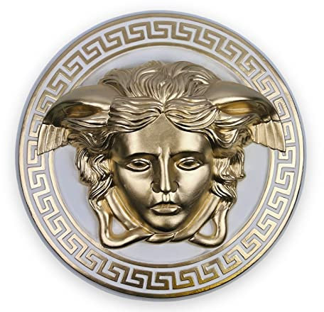 Wandrelief Wandbild Medusa Kopf Mäander Weiß-Gold Antik Stil 50.cm Handbemalt Retro Vintage Griechischer Kopf zum Aufhängen