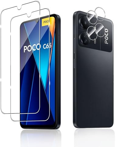 Funrae Vetro Temperato per Xiaomi Poco C65/Xiaomi Redmi 13C 4G, [2+2 Pezzi] Pellicola Protettiva + Protezione Fotocamera Pellicola HD Durezza 9H Proteggi Schermo Lens Film Screen Protector