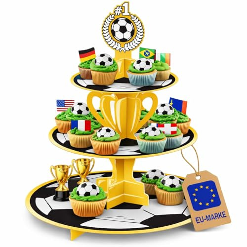 PartyPal Torten- & Cupcake Ständer * SOCCER * als Tischdeko zum Fußball Geburtstag | 34x41cm, 3 Ebenen, stabile Papp-Ausführung | WM 2026 Kuchenständer Muffinständer Kuchen Muffins Kindergeburtstag