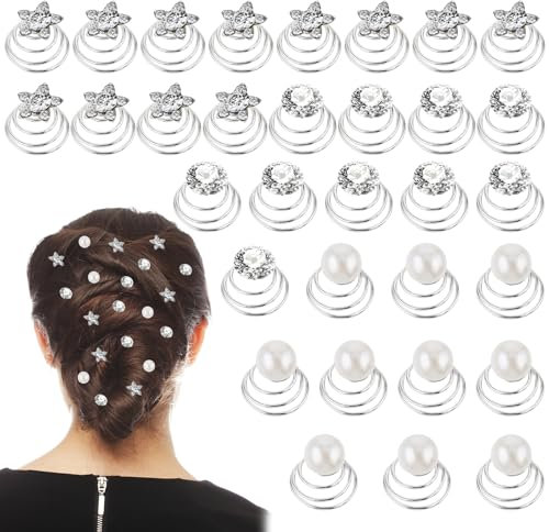 30 PCS Rhinestone Spiral Hair Pins 3 Styles Crystal Twisters Spiral Set Hair Rhinestone Pearl Hair Pin Diamond Pearl Flower Jewels Hair Pins Accessories for Wedding, Bridal, Prom, Party