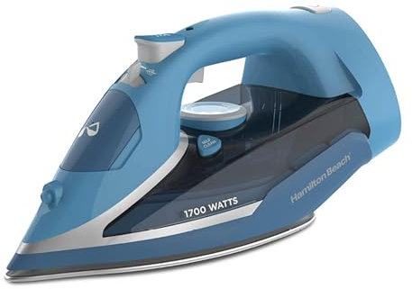 Hamilton Beach Steam Iron for Clothes & Garment Steamer with Durable Stainless Steel Soleplate, 1700 Watts for Ultra-Fast Heat, 8’ Retractable Cord, Auto Shutoff, 350 ml Water Tank, Blue (14216)