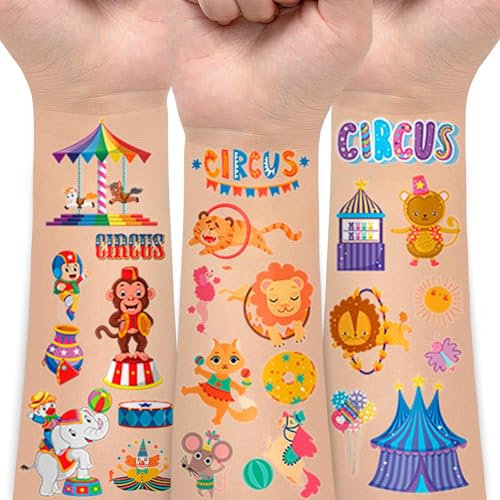 Karneval Zirkus Thema Party Dekorationen Spiele, 30 Blätter Karneval Tattoos Aufkleber für Kinder, Zirkus Temporäre Tattoo-Aufkleber Kinder für Zirkus Party Supplies Decor