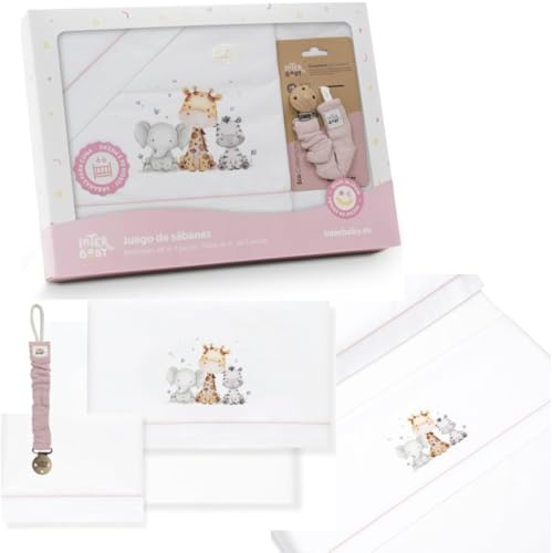 Danielstore Sabanas Cuna 60x120 100% Algodon Set 3 Piezas con Sabana Bajera Transpirable Ajustable Lavable + Funda Almohada Suave Pack para Descanso de Bebes y Recien Nacidos Jirafa Elefante Rosa