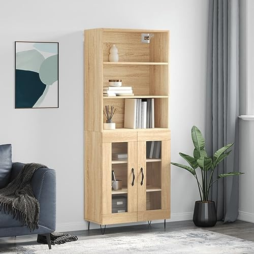 Tidyard Buffet Haut Chêne Sonoma 69,5x34x180 cm Bois d'ingénierie, Commode Meuble de Rangement avec Compartiment, Armoire de Rangement pour Salon, Cuisine 2 Portes vitrées Style D Style E