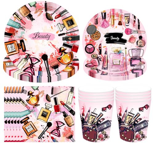 RTUHCSP 44 Piezas Maquillaje Fiesta de Cumpleaños, Spa Suministros de Cumpleaños, Plato de Papel, Tazas, Servilletas, Vajilla de Cumpleaños para Niña,8 personas