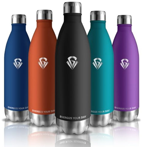 Grsta Gourde 1l, Gourde Isotherme Sans BPA, Gourde Sport Anti Fuite, Gourde Randonnée Froid&Chaud, Gourde Inox pour Chaude, Facile à Nettoyer, Bouteille d'eau pour Running, Vélo, Camping, Noir