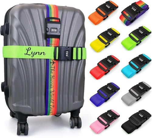 Personalisierte Koffergurt mit Zahlenschloss, 2 Stück - Kofferband Gurt Set mit Namen, Gepäckband Identifikation für Große und Kleine Koffer, Bunt Auffällig Koffergürtel, Kofferbänder Verstellbare