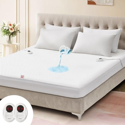 Bwarm Wasserdichte beheizte Matratzenauflage, ETL-zertifizierter Bettwärmer mit Memory-Funktion, 9 Heizstufen, 1–12 Stunden automatische Abschaltung, tiefe Tasche, maschinenwaschbar, weiß, CA King