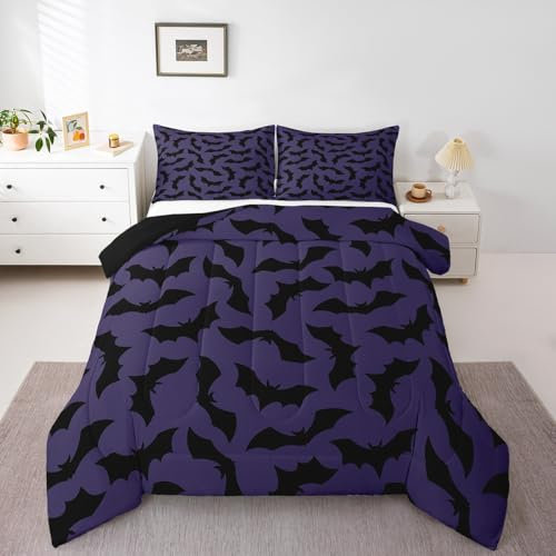 Feelyou Fledermaus-Bettwäsche-Set, Doppelgröße, für Kinder, Happy Halloween, für Jungen und Mädchen, violettes Bettbezug-Set, Raumdekoration, 1 Bettdecke + 1 Kissenbezug