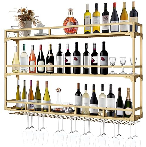RAJYQODIS Wall Mounted Wine Rack, 3 Tiers Bar Unit Wall Wine Display Racks, Hanging Wine Bottle Metal Display Storage Organizer,for Dining Room, Kitchen, Living Room(Gold, 150cm)