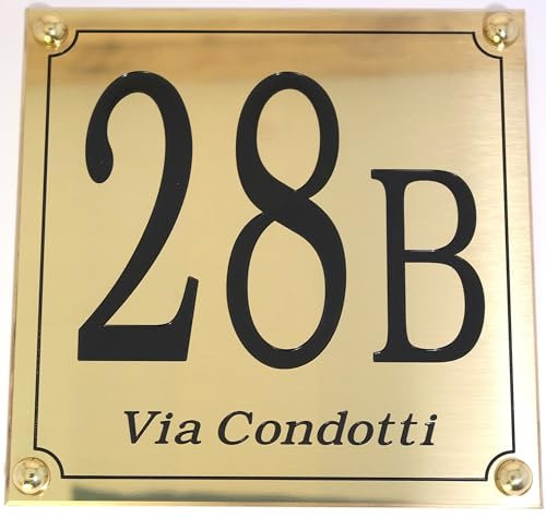 Targa Numero Civico in Ottone Satinato protetto, personalizzabile con indirizzo inciso cm17x17