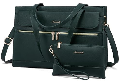 LOVEVOOK Laptop Handtasche Damen, 15,6 Zoll Laptoptasche Shopper Tasche Damen 2 in 1 Umhängetasche, PU Leder Aktentasche Schultertasche, Wasserdicht Tote Bag Lehrertasche für Arbeit Büro Schule, Grün