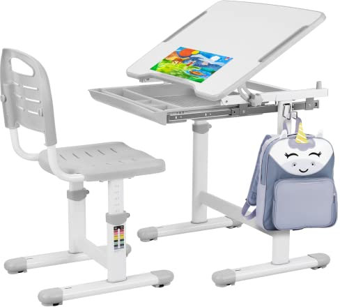 Clevich Kinderschreibtisch Höhenverstellbar, Kinder Schreibtisch und Stuhl Set mit Haken, Multifunktional Schülerschreibtisch Neigbare Tischplatte von 0-40°Schreibtisch Kinder für Zeichnen (Grau)
