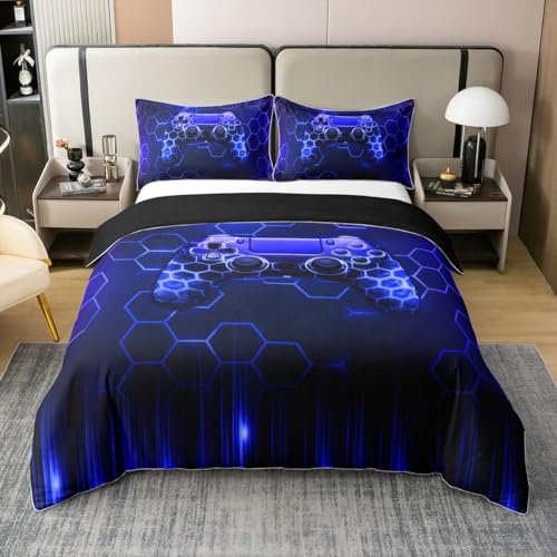 Loussiesd Gamer 100% Baumwolle Bettwäsche Set 135x200cm Moderne Spielkonsole Controller Bettbezug Set für Spiel Betten Set Betten Set Pfau Blau Bettwäsche-Set