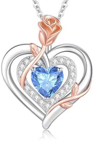 LAVUMO Collier Femme argent Sterling 925 Pendentif Coeur Rose Fleur Pierre Naissance Bijoux Cadeau Anniversaire Femme Copine Maman Cadeau Noël Saint Valentin Fête des Mères (Argent-12-Décembre)