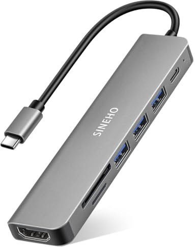 SINEHO Hub USB C 7-en-1, Adaptateur USB c avec HDMI 4K, 100W PD, 3 Ports de données USB-A, Lecteur de Cartes SD/TF – Compatible avec MacBook, Dell XPS, Surface Pro et Plus