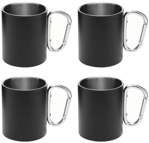 Preiswert & Gut 4 x Tasse 300ml mit Karabiner Ø7,5 x 9 cm Edelstahltasse mit Karabiner 145g Thermotasse mit Henkel Edelstahl/Aluminium Doppelwandig schwarz