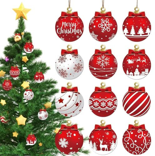 Kunststoff Weihnachtsbaumkugeln Rot, Christbaumkugeln Deko Weihnachten, 12 Stück Christbaumkugeln Rot Weiß, Baumschmuck Weihnachten Weihnachtskugeln Weiß Rot, Winterdekoration Mit Frohe Weihnachten