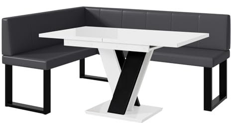 MEBLINI Eckbank für Esszimmer mit ausziehbarem Tisch - Küchenbank - Essecke - Sitzecke Küche - Peter - U-Beine 128x168x87cm Links - Grau Kunstleder/M Weiß-Schwarz Hochgl.