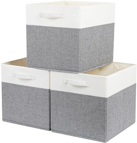 SOCOHOME Fabric Cube Storage Boxes,25x25x25cm Foldable Storage Baskets for Organizing Clothes Shelf Nursery Closet(Grey/White, Set of 3)