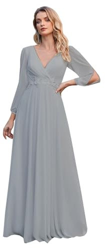 shengyan Women's Deep V-Neck Bridesmaid Dress Long Sleeve A-line Evening Dresses Grey