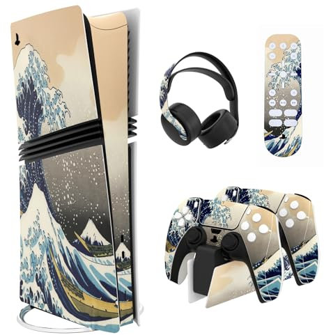 PlayVital Pegatina Completa para ps5 Pro Consola Digital & Disc - Vinilo Calcomanía Adhesiva para Mando, Auriculares, Estación de Carga y Control Remoto, Accesorios Protector Decal (La Gran Ola)